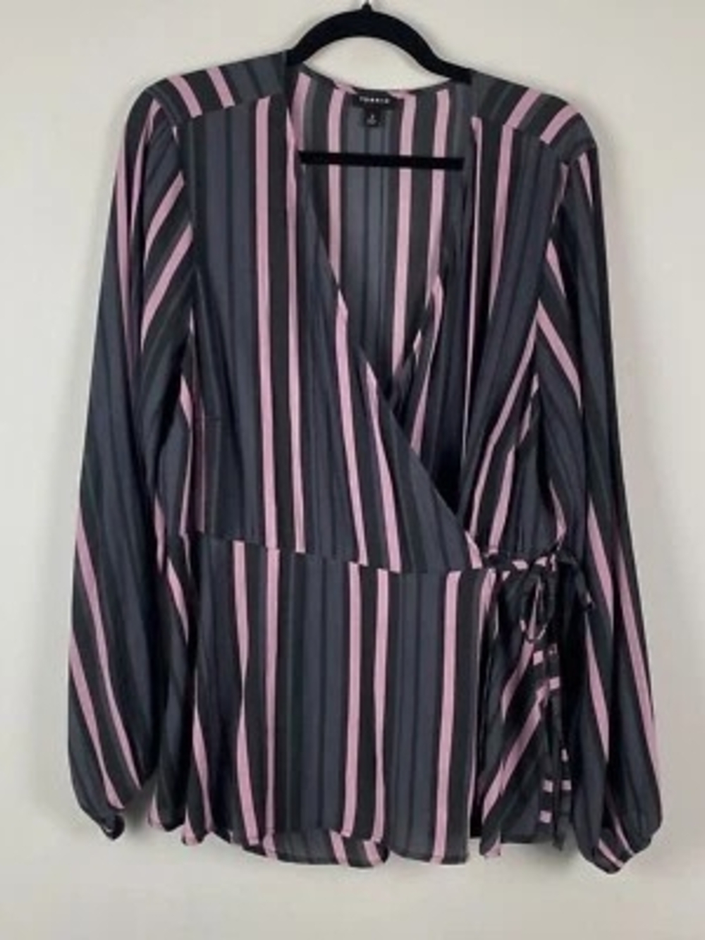 torrid Black, Gray & Pink Striped Faux-Wrap Peplum Top (Size 4)
